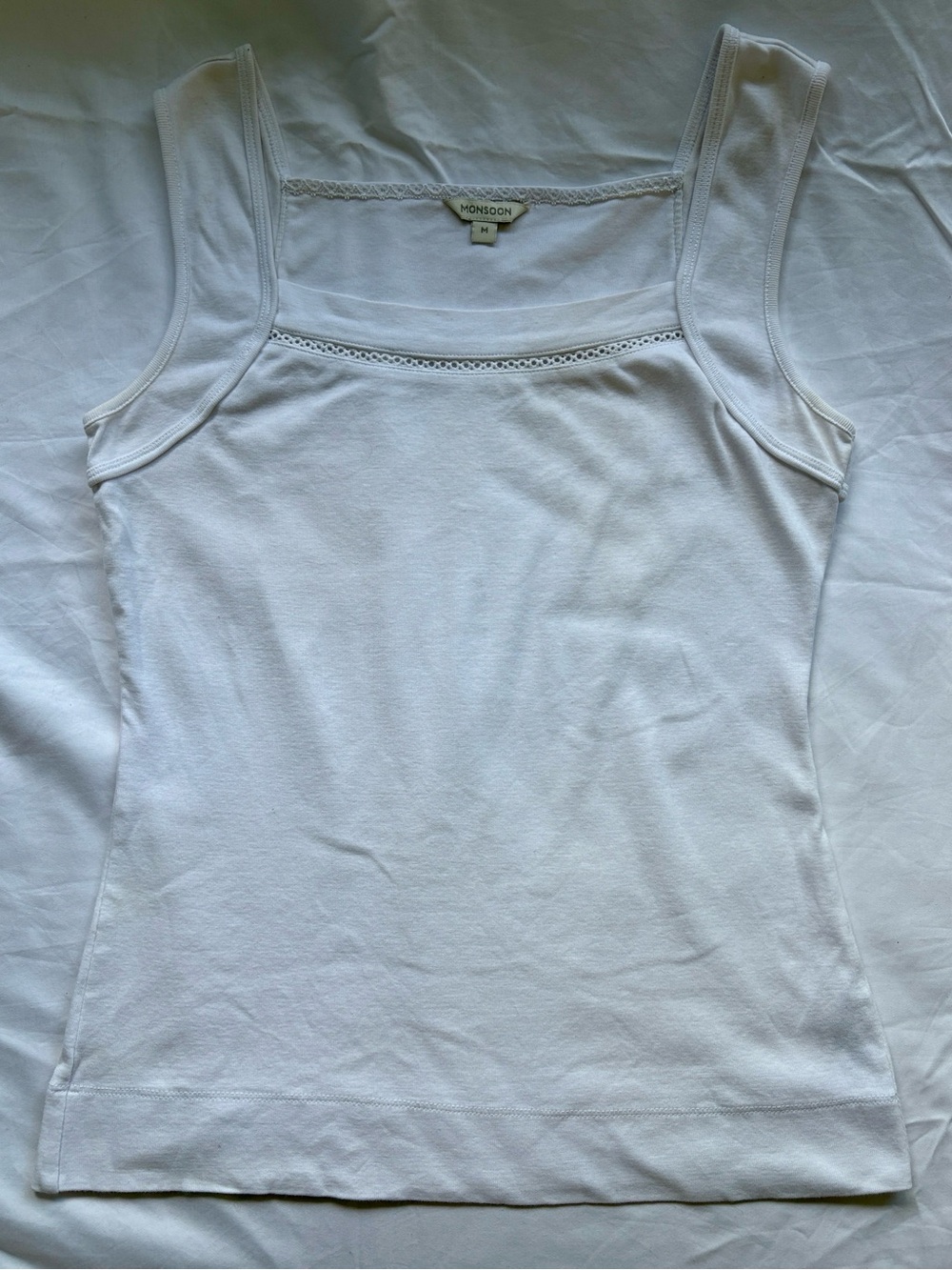 Monsoon White Square Neck Tank with Lace Trim